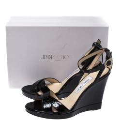 Pre Owned Jimmy Choo Black Croc Embossed Patent Leather Wedge Ankle Strap Sandals Size 38