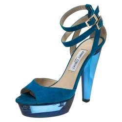 Pre Owned Jimmy Choo Blue Suede Ankle Strap Niagara Platform Sandals Size 38.5