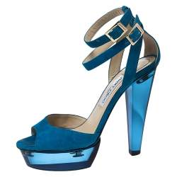 Pre Owned Jimmy Choo Blue Suede Ankle Strap Niagara Platform Sandals Size 38.5