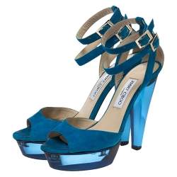 Pre Owned Jimmy Choo Blue Suede Ankle Strap Niagara Platform Sandals Size 38.5