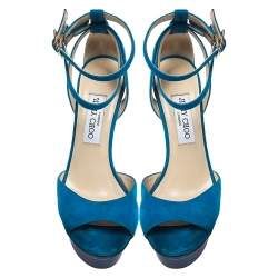 Pre Owned Jimmy Choo Blue Suede Ankle Strap Niagara Platform Sandals Size 38.5