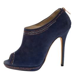 Jimmy Choo Blue Studded Suede Peep Toe Booties Size 39.5