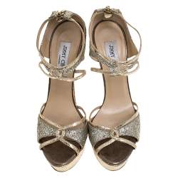 Pre Owned Jimmy Choo Gold Glitter Leather Platform Ankle Strap Sandals Size 39