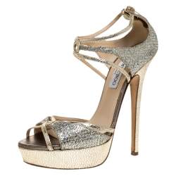 Pre Owned Jimmy Choo Gold Glitter Leather Platform Ankle Strap Sandals Size 39