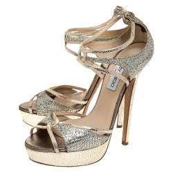 Pre Owned Jimmy Choo Gold Glitter Leather Platform Ankle Strap Sandals Size 39