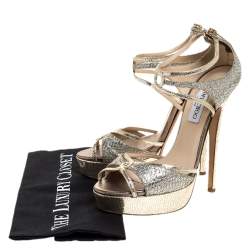 Pre Owned Jimmy Choo Gold Glitter Leather Platform Ankle Strap Sandals Size 39