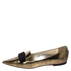 Pre Owned Jimmy Choo Metallic Gold Leather Gala Bow Ballet Flats Size 39