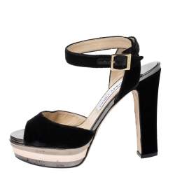 Pre Owned Jimmy Choo Black Velvet Ankle Strap Platform Block Heel Sandals Size 38