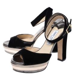 Pre Owned Jimmy Choo Black Velvet Ankle Strap Platform Block Heel Sandals Size 38
