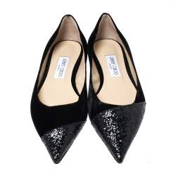Pre Owned Jimmy Choo Black Glitter Fabric And Velvet Love Pointed Toe Flats Size 39