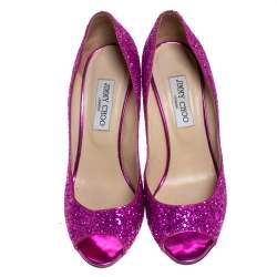 Pre Owned Jimmy Choo Pink Course Glitter Fabric Baxen Peep Toe Wedge Pumps 39