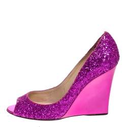 Pre Owned Jimmy Choo Pink Course Glitter Fabric Baxen Peep Toe Wedge Pumps 39