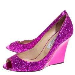 Pre Owned Jimmy Choo Pink Course Glitter Fabric Baxen Peep Toe Wedge Pumps 39