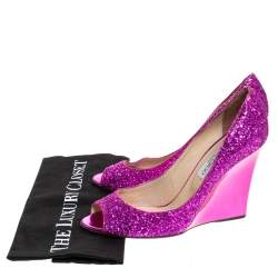 Pre Owned Jimmy Choo Pink Course Glitter Fabric Baxen Peep Toe Wedge Pumps 39
