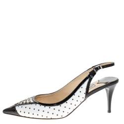 Pre Owned Jimmy Choo Monochrome Leather Embellished Slingback Sandals Size 36.5