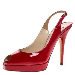Pre Owned Jimmy Choo Red Patent Leather Clue Peep Toe Slingback Sandals Size 37