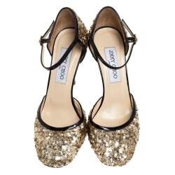 Pre Owned Jimmy Choo Metallic Gold Sequin and Leather Tessa Ankle Strap Sandals Size 36.5