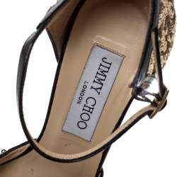Pre Owned Jimmy Choo Metallic Gold Sequin and Leather Tessa Ankle Strap Sandals Size 36.5
