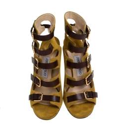 Pre Owned Jimmy Choo Yellow/Brown Suede And Leather Trick Caged Sandals Size 37.5