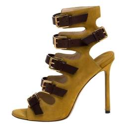 Pre Owned Jimmy Choo Yellow/Brown Suede And Leather Trick Caged Sandals Size 37.5