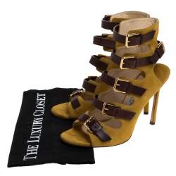 Jimmy Choo Yellow/Brown Suede And Leather Trick Caged Sandals Size 37.5