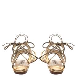 Pre Owned Jimmy Choo Gold Leather Ankle Wrap Flat  Sandals Size 39