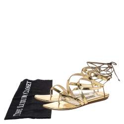 Pre Owned Jimmy Choo Gold Leather Ankle Wrap Flat  Sandals Size 39