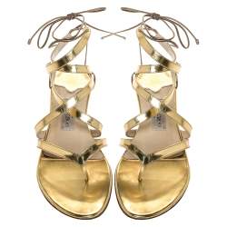 Pre Owned Jimmy Choo Gold Leather Ankle Wrap Flat  Sandals Size 39