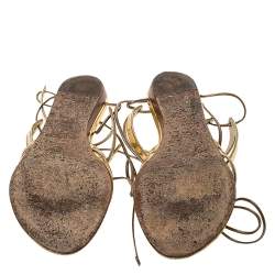 Pre Owned Jimmy Choo Gold Leather Ankle Wrap Flat  Sandals Size 39