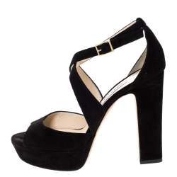 Pre Owned صندل جيمي تشو طراز سيور و نعل سميك جلد و سويدي أسود مقاس 39