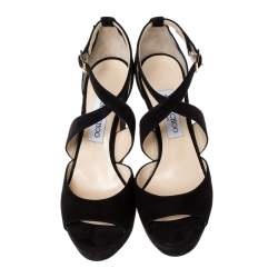 Pre Owned صندل جيمي تشو طراز سيور و نعل سميك جلد و سويدي أسود مقاس 39