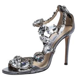 Pre Owned Jimmy Choo Metallic Leather Crystal Embellished Karima Sandals Size 38