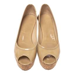 Pre Owned Jimmy Choo Nude Patent Parley Cork Wedge Pumps Size 37.5
