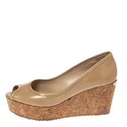Pre Owned Jimmy Choo Nude Patent Parley Cork Wedge Pumps Size 37.5