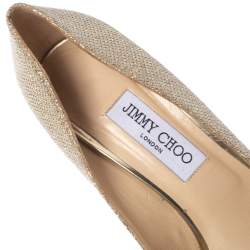 مملوكة مسبقًا حذاء كعب عالي جيمي تشو داليا قماش ذهبي لاميه ميتاليك نعل سميك مقدمة مفتوحة مقاس 39