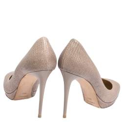 Pre Owned Jimmy Choo Beige Lizard Embossed Glitter Leather Hope Platform Pumps Size 38.5