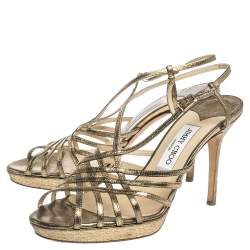 Pre Owned Jimmy Choo Metallic Bronze Lamé Fabric Platform Cage Sandals Size 38.5