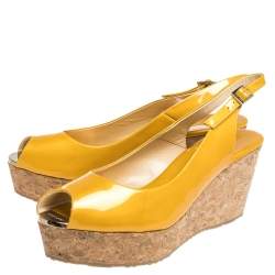 Pre Owned Jimmy Choo Mustard Yellow Patent Praise Cork Slingback Wedges Size 41