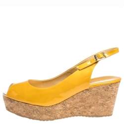 Pre Owned Jimmy Choo Mustard Yellow Patent Praise Cork Slingback Wedges Size 41