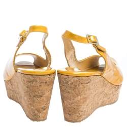 Pre Owned Jimmy Choo Mustard Yellow Patent Praise Cork Slingback Wedges Size 41