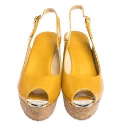 Pre Owned Jimmy Choo Mustard Yellow Patent Praise Cork Slingback Wedges Size 41