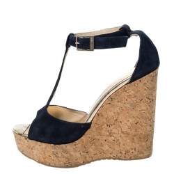 Pre Owned Jimmy Choo Blue Suede Pela Cork Wedge Ankle Strap Platform Sandals Size 37.5