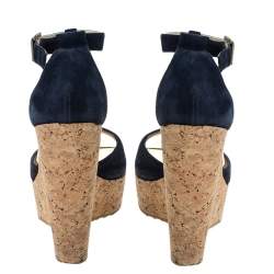 Pre Owned Jimmy Choo Blue Suede Pela Cork Wedge Ankle Strap Platform Sandals Size 37.5