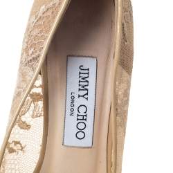 Pre Owned Jimmy Choo Beige Lace/Mesh and Patent Leather Luna Peep Toe Platfrom Pumps Size 38