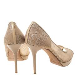 Pre Owned Jimmy Choo Beige Lace/Mesh and Patent Leather Luna Peep Toe Platfrom Pumps Size 38
