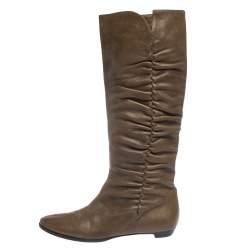 Pre Owned Jimmy Choo Brown Leather Pleat Detail Knee High Boots Size 38.5