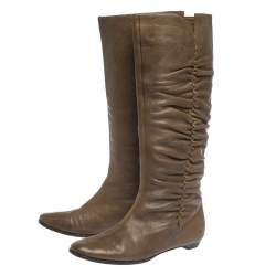 Pre Owned Jimmy Choo Brown Leather Pleat Detail Knee High Boots Size 38.5