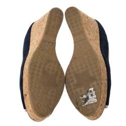 Pre Owned Jimmy Choo Blue Suede And Gold Trim Peep Toe 'Papina' Cork Platform Wedges Size 37