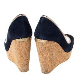 Pre Owned Jimmy Choo Blue Suede And Gold Trim Peep Toe 'Papina' Cork Platform Wedges Size 37