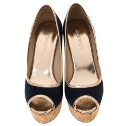 Pre Owned Jimmy Choo Blue Suede And Gold Trim Peep Toe 'Papina' Cork Platform Wedges Size 37